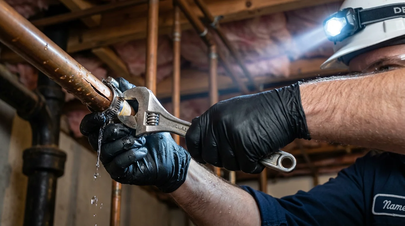 Emergency pipe clamp repair being performed by a Johns Plumbing LLC plumber in Monett