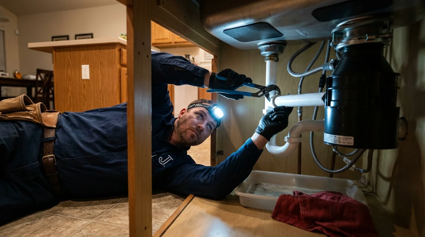 P-trap and supply line connections under a kitchen sink showing a common leak point in Monett, MO